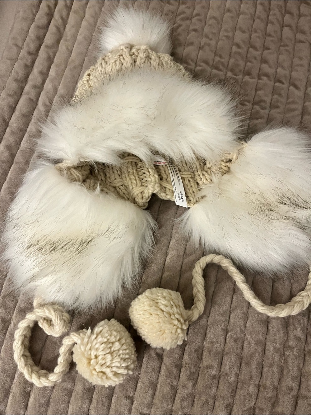 Cozy Cream Faux Fur-Trim Knit Trapper Hat with Ear Flaps